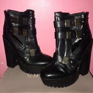 Qupid black cutout buckle platform chunky booties